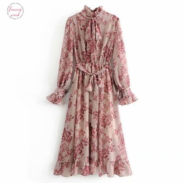 

2019 pink flower print long sleeve dress with sashes women vintage tide bow collar ruffles hem dresses, Black;gray