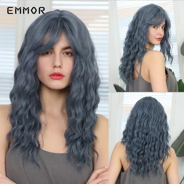 

emmor synthetic long water wave hair mix grey and blue color heat resistant fiber wigs for white/black women
