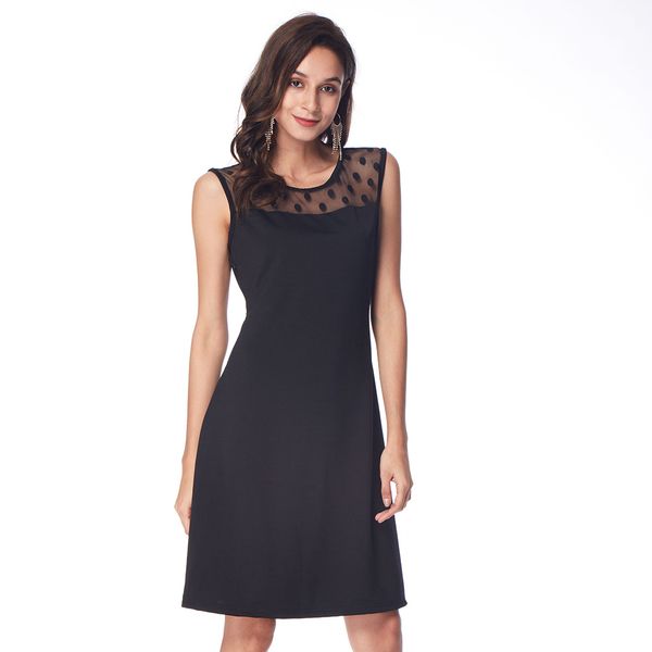 

fashion-plus size back dots splicing lace dress women black party & office knee-length sleeveless vestidos elegant, White;black