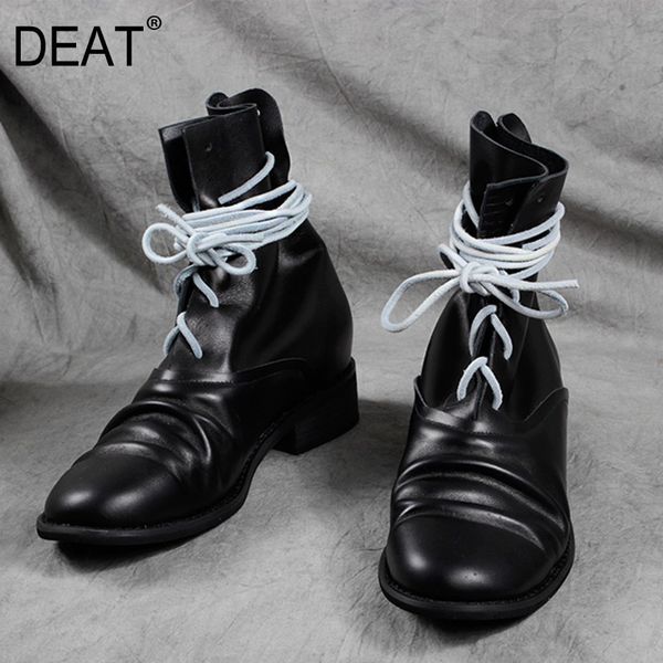 

deat] 2019 new spring autumn round toe bandage pu leather casual single shoes women high heels short boots fashion tide 10d258, Black