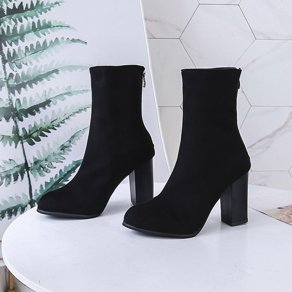 

big size shoes woman boots flat platform zipper round toe booties ladies large size clogs rubber high heel mid calf flock mixed, Black