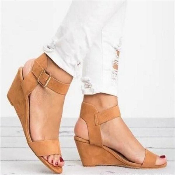 

лето 2020 новые женские сандалии клин высокие каблуки мода повседневная обувь женщина платформа основной ремень пряжки плюс размер 34-43, Black