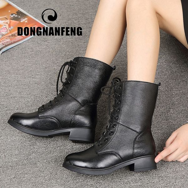 

dongnanfeng women old female ladies mother winther shoes boots fur short plush warm mid calf cow genuine leather 35-41 -7011, Black