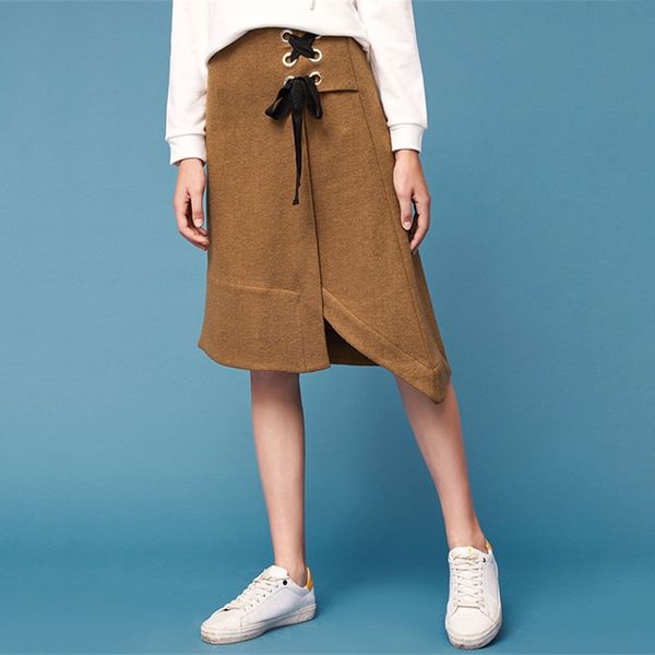 

women autumn and winter skirt 2019 high waist belt split wool irregular knee-length female skirts, Black