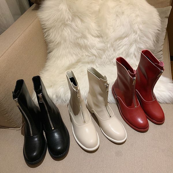 

zipper brand women's shoes round toe winter boots lady booties woman 2019 low heel boots-women fashion 2020 autumn flat ladies, Black