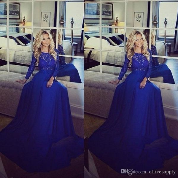 

2020 arabic элегантный royal blue lace шифон пром платья crew длинные рукава transparent линия этаж длина платья вечерние формальные, Black