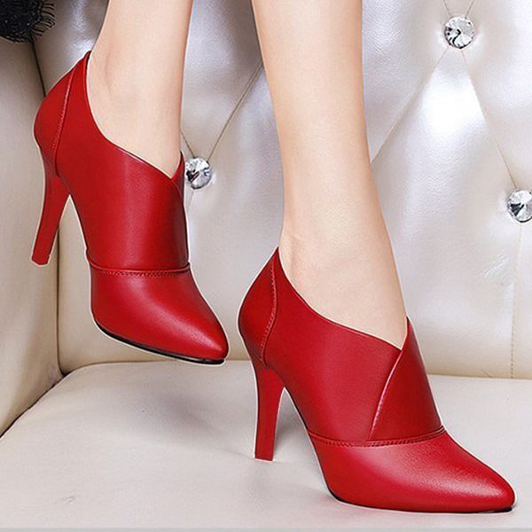 

2020 women high heels ankle boots pointed toe women's slip on red heels for ladies footwear plus size female comfort shoes, Black
