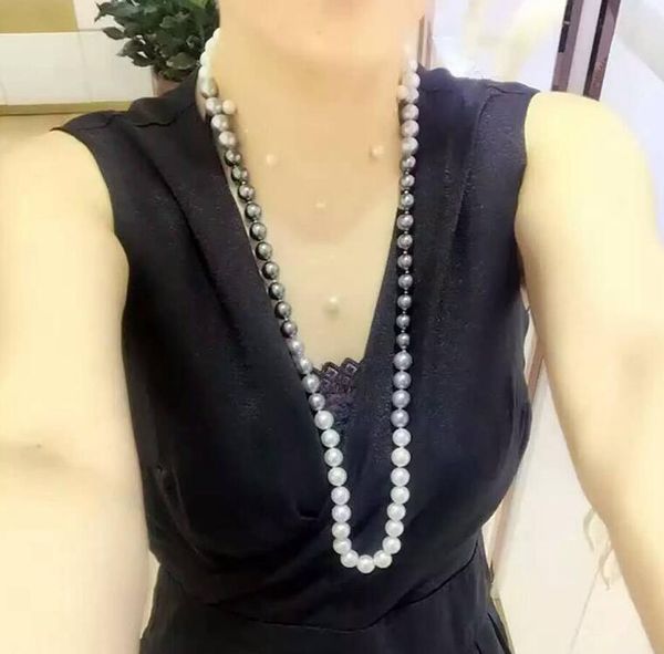 

fast fine pearls jewelry 8-9 mm natural round sout sea multi-color pearl necklace 32 " 925 silver, Black