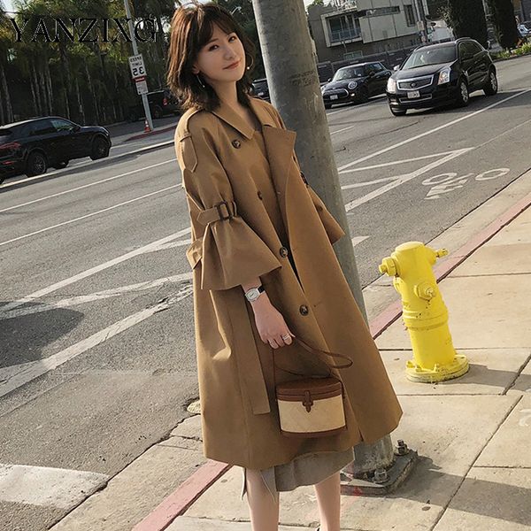 

solid color lapel trumpet sleeves belt double-breasted plus loose windbreaker woman casual fashion 2019 autumn new s261, Tan;black