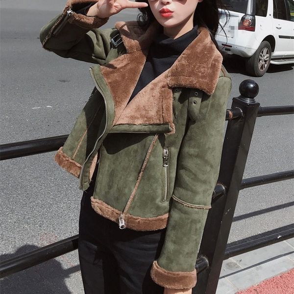 

new winter long sleeve short jacket casual faux leather fur warm outerwear women turn-down collar suede coat, Black