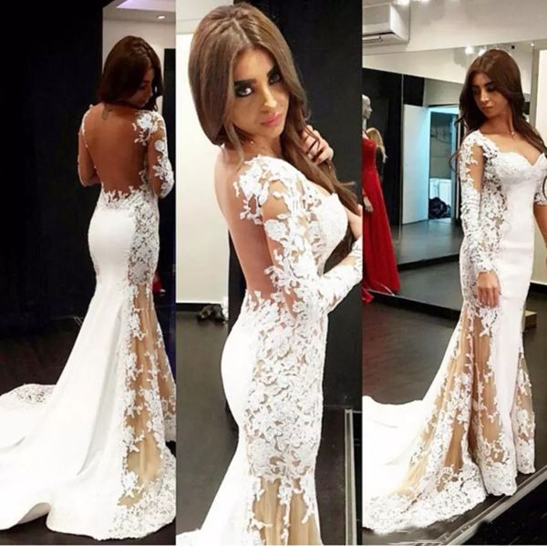 

Newest Design White Lace Floor Length Mermaid Wedding Dresses Long sleeve Backless Sweetheart Applique Charming Luxury Wedding Gowns