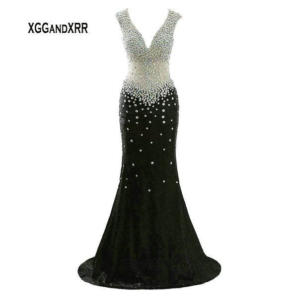 

elegant v neck long black prom dress sparkling crystals sequins backless long evening dress red formal party gown hollow back, White;black