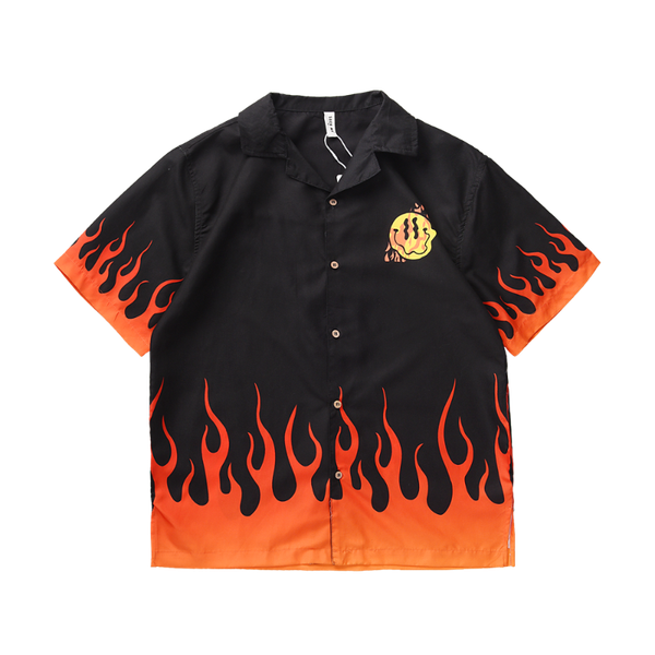 

men hawaiian shirt camisa hombre button print shirt short sleeve flame print shirts man summer casual male top, White;black