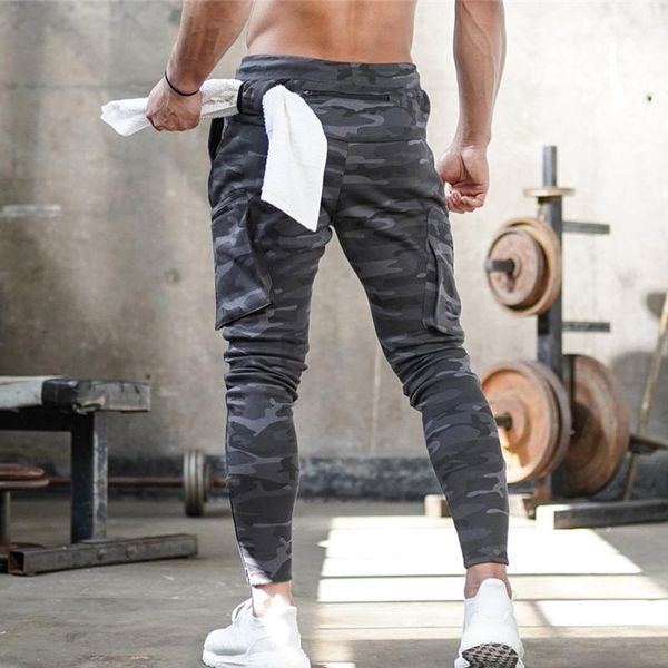 

молния карман мужчины брюки joggers фитнес sweatpants повседневные брюки спортзалы тренировки брюки camoflage тощий трек jogger, Black