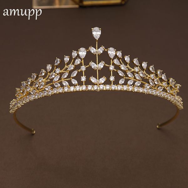 

amupp full cubic zirconia women wedding tiara party gold color zircon princess crown stunning cz birda hair jewelry coroa bijoux, Golden;white
