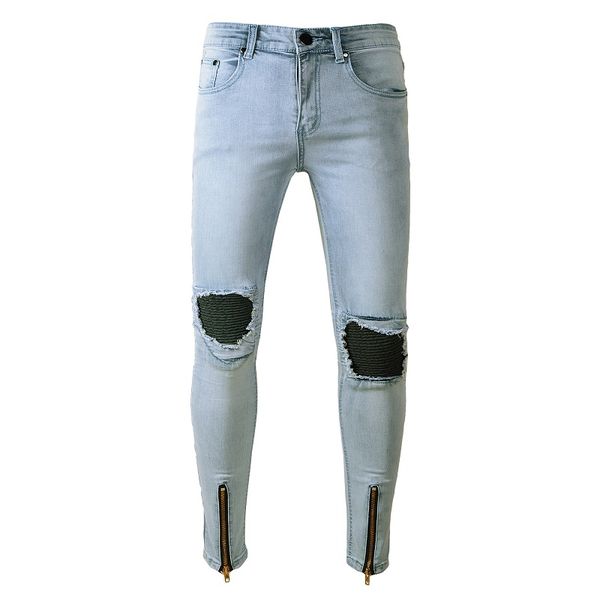 

2019 дизайнер hip hop mens мотоцикл байкер джинсы мужчины designer hole на колено light blue denim брюки плюс размер оптовой