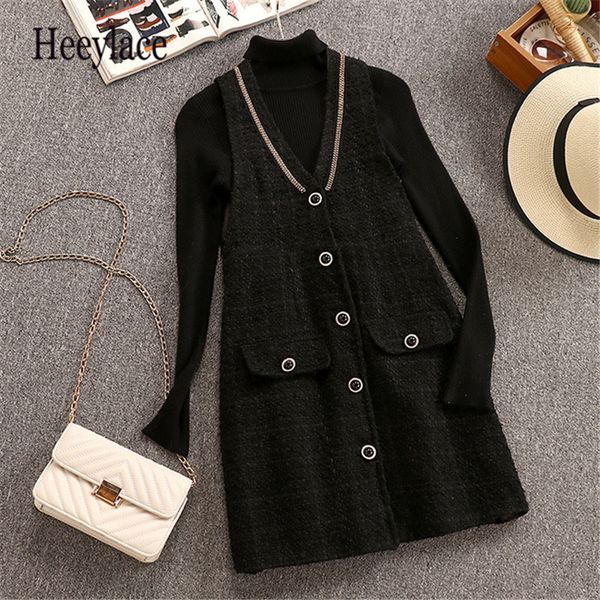 

women winter slim knitted long sleeve sweaters +plaid tweed single breasted sleeveless casual v-neck high waist dresses sets, White
