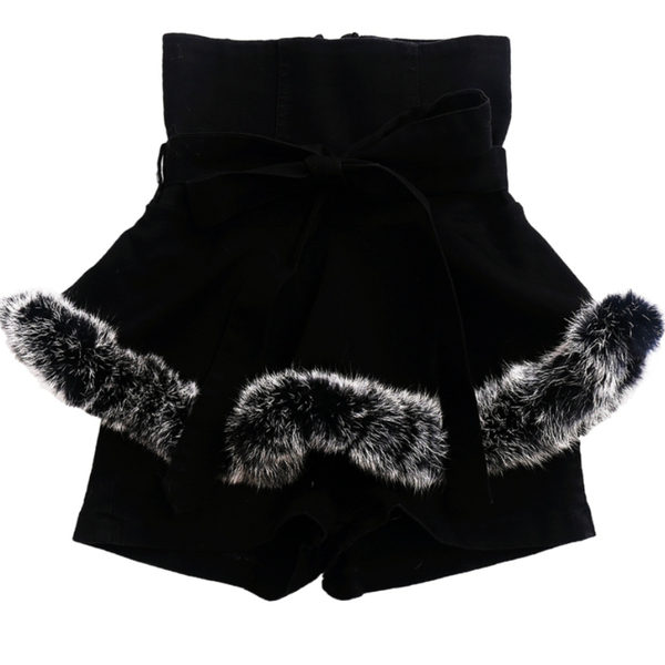 

2020 autumn winter fashion fur stitching denim shorts women high waist ruffles wide leg shorts skirt, White;black