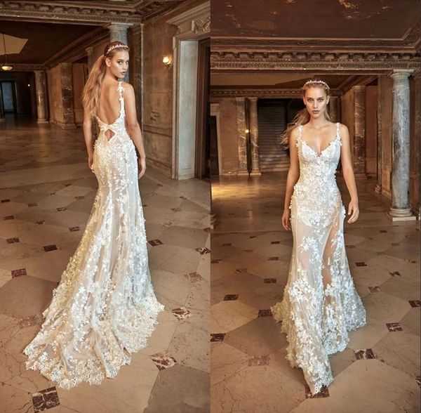 

Mermaid Country Wedding Dresses 2019 Modest Spaghetti Backless Sweep Train Beach Wedding Dress Split Fishtail Wedding Gowns