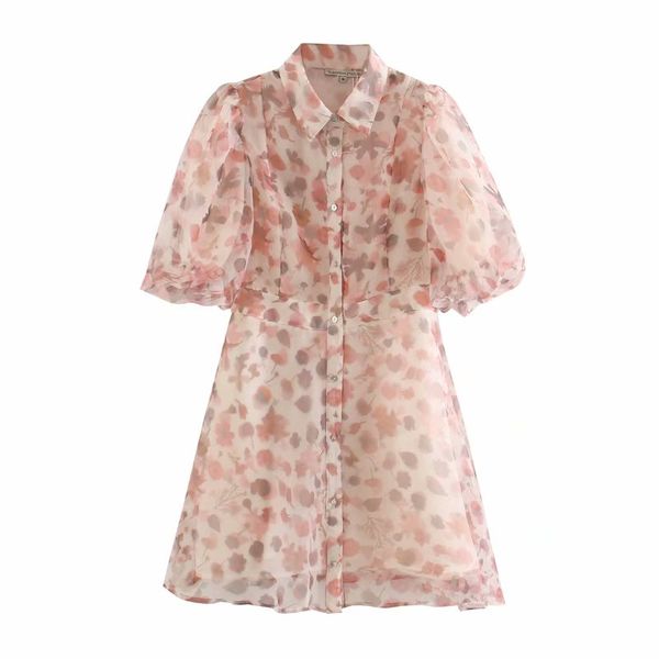 

new 2020 women sweet flower print lantern sleeve organza a line dress ladies casual slim vestidos chic brand mini dresses ds3639, Black;gray