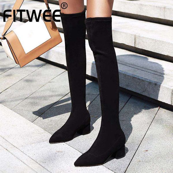 

fitwee women slip on over the knee boots fashion pointed toe comfortable office work winter shoes women daily botas size 34-43, Black
