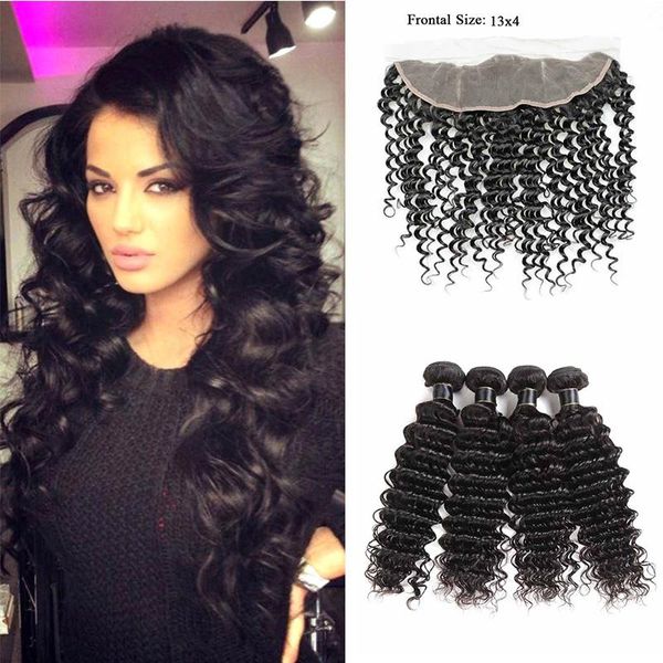 2019 Brazilian Deep Wave Hair 4 Bundles With 13x4 Lace Frontal 9a Lace Frontal With Human Hair Bundles Extensions Water Wave Loose Deep Wave From
