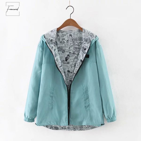 

autumn jacket 2019 women bomber basic regular coat pocket zipper hooded two side wear cartoon print outwear loose, Black;brown