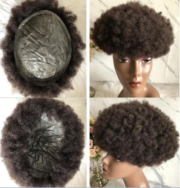 2019 Full Tink Skin Mens Hairpieces Afro Curl Full Pu Toupee Brown