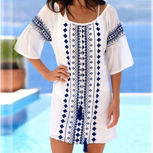 

print tunic beach dress saida de praia cotton beach cover up pareos de playa mujer swimsuit cover up bikini, Blue;gray