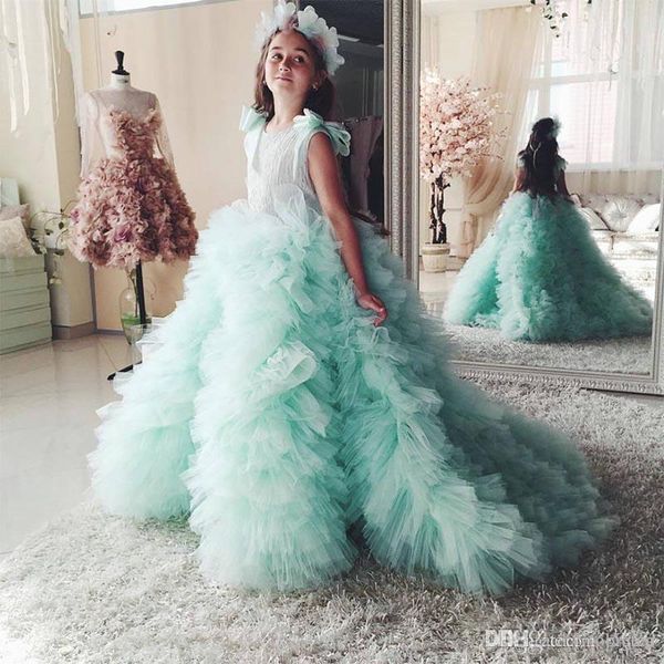 

2020 turquoise flower girl dresses tiered skirts tulle bow boho wedding first communion dress little girl a-line kids birthday party gowns, White;blue