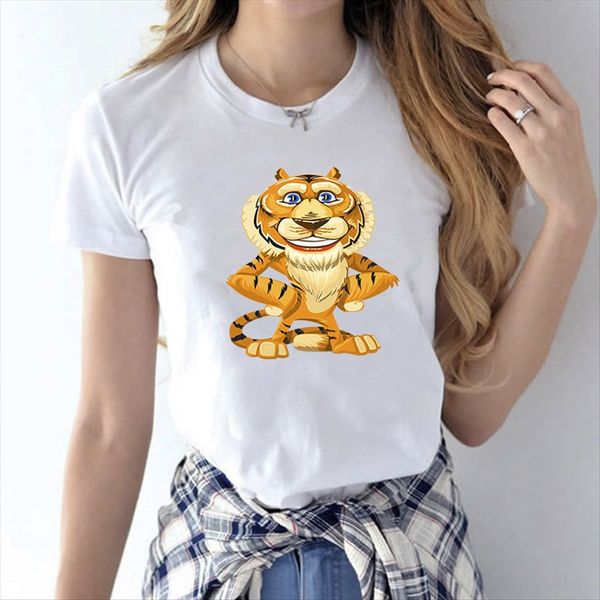 

slim and short-sle women's short-sleeved cute tiger slim female short-sleeved cute tiger printed female, White