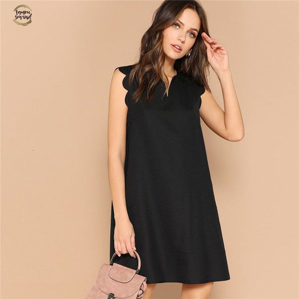 

lady solid v-neck scallop trim trapeze mini dress women clothes 2019 casual sleeveless loose tank summer dress, Black;gray