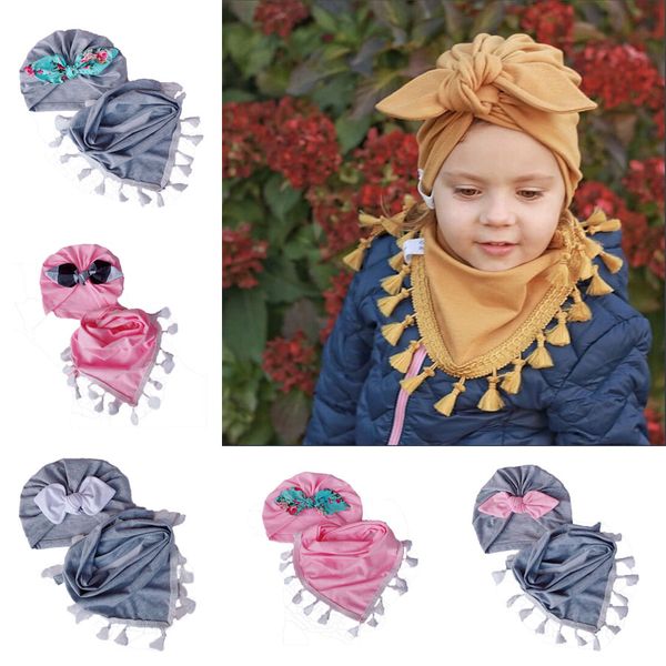 

new baby kids bowknot hat neck warmer triangular scarf 2pcs/set children beanie skull cap tassels neckerchief bib 15374, Yellow