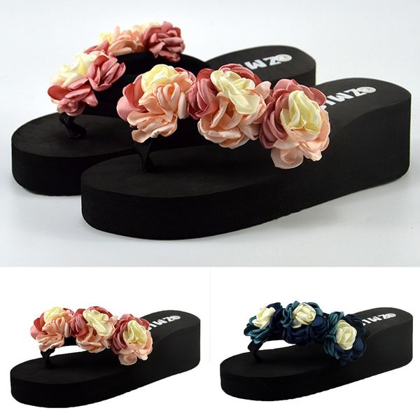 

women muffin wedge slippers sandal home bathroom beach flip flops shoe thick-soled wear-resistant flower wedge flip flops apr 28, Black