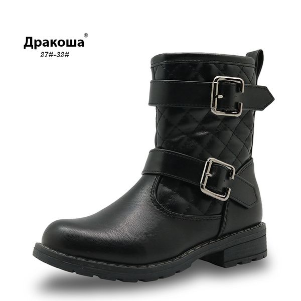 

apakowa girl boots spring&autumn mid-calf children kids motorcycle warm snow boots pu leather buckled zip comfy girls shoes, Black;grey