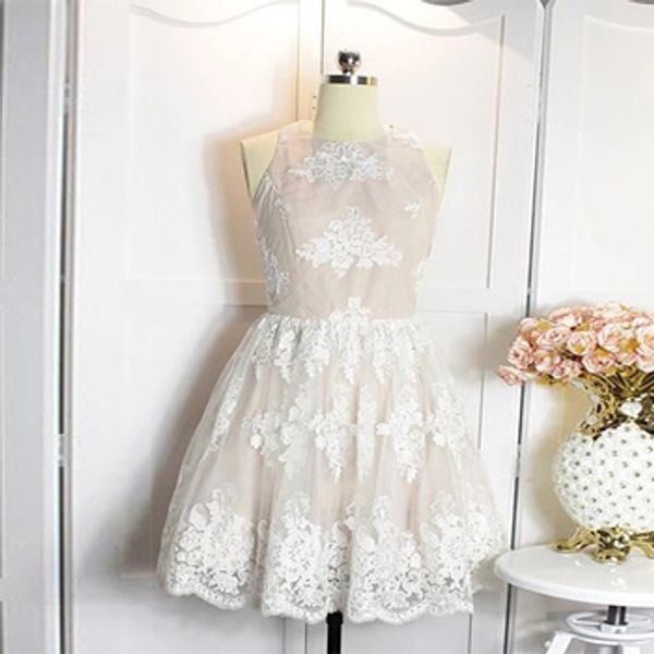 

sweet jewel neck sleeveless pink homecoming dresses white lace applique short lace prom dresses zipper up back bridal party dresses, Black