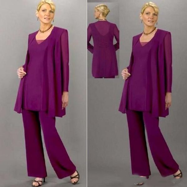 

grape purple 3 pieces mother of the bride pants suits long sleeve jakcet chiffon mother of the groom dress formal evening costume, Black;red