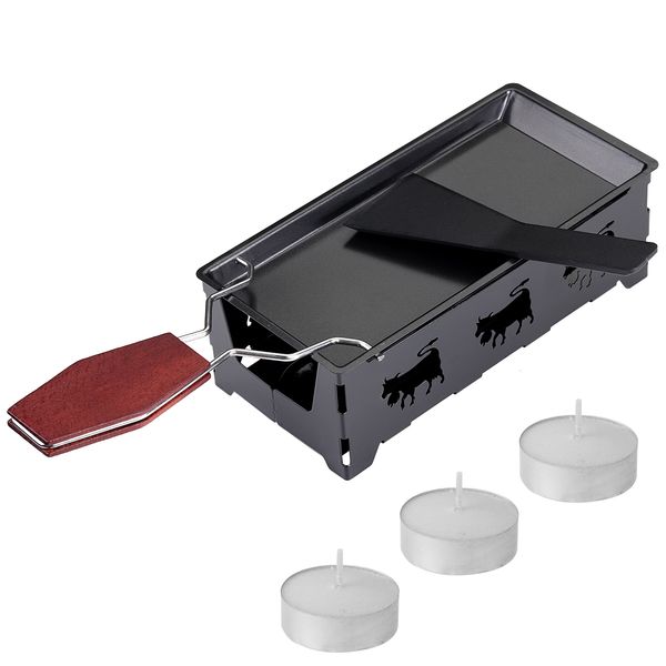 

mini tea light cheese raclette set with spatula & 3 tealights-foldable-non-stick-fondue set kitchen accessories tool gadgets