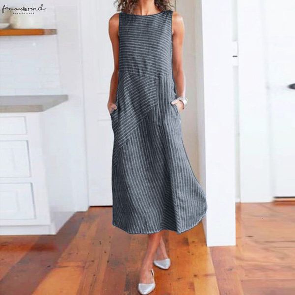 

women dress casual striped sleeveless linen dress feminine boho crew neck pocket long dress 2020 summer maxi dresses vestidos, Black;gray