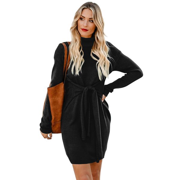 

ins turtle-neck sweater dress womens winter new european and american-style solid color high-waist lace-up womens bottoming skirt foreign tr, White;black