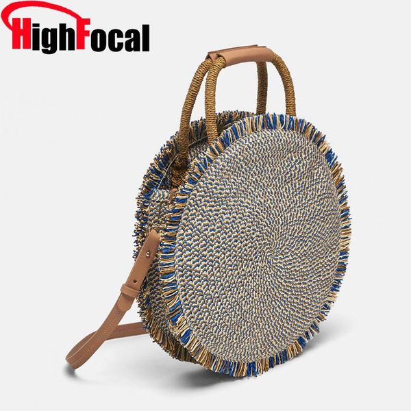 

2019 fashion new tassel handbag straw bag women beach woven bag round tote fringed beach wovenshoulder travel