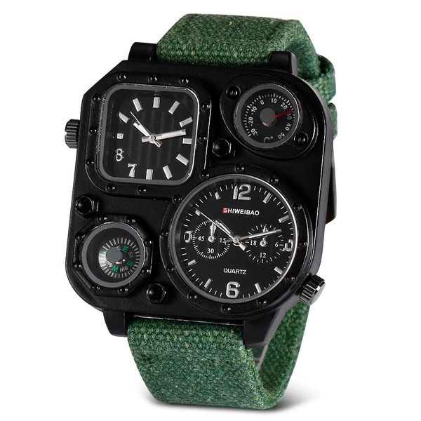 

shiweibao j1169 watches men big dial dual-movement sport quartz watch men military compass canvas wristwatches relogio masculino, Slivery;brown