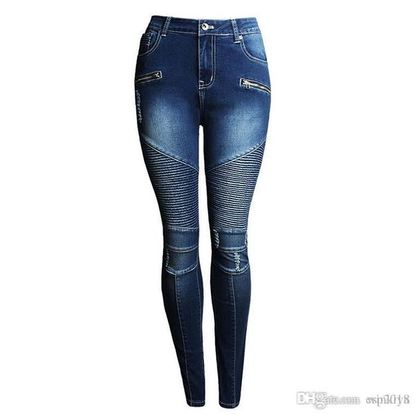 

2016 new ripped women biker jeans fashion casual designer brand mid waist stretch skinny pencil jeans w0001, Blue