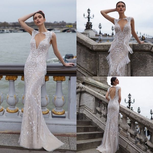 

julie vino 2019 свадебные платья jewel кружева без рукавов аппликация кисточкой свадебные платья с полым сзади длина пола русалка свадебное, White