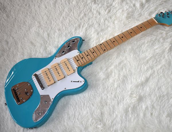 

wholesale factory custom blue electric guitar with 3 p90 pickups,dots frets inlay,white pickguard,0418