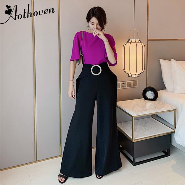 

2 pieces set 2019 summer casual office suits for women flare sleeve and black wide leg pants suit workwear sets two pieces, White
