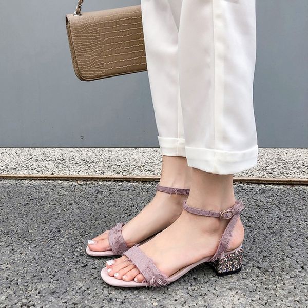 

oversized 8 sequins high heels sandals women shoes woman summer ladies one-word sandals with thick heels, Black