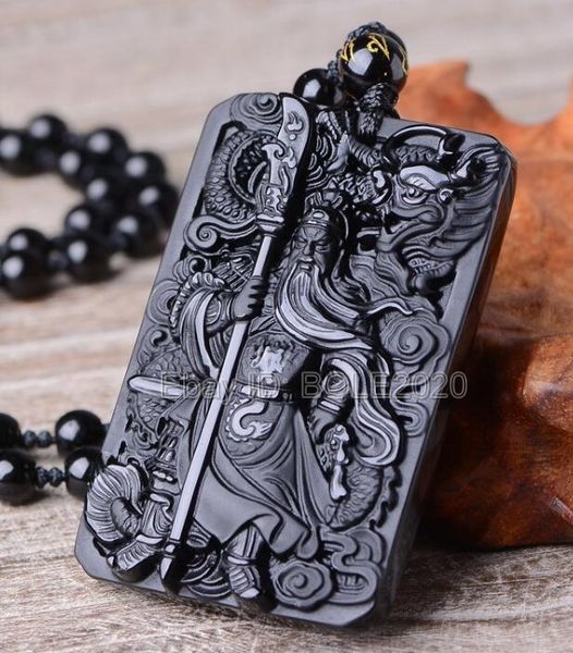 

beautiful chinese handwork natural black obsidian carved sword guangong lucky amulet pendant + beads necklace fashion jewelry, Silver