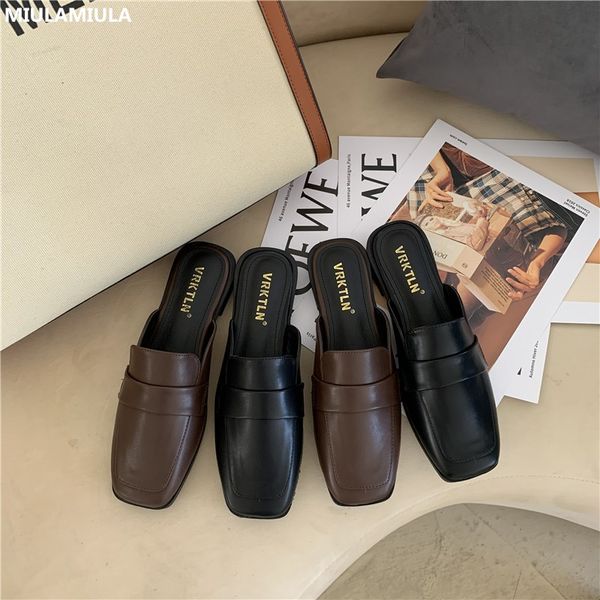 

miulamiula brand designers 2020 spring korean fashion luxury square toe flat leather slippers slip on loafers mules flip flops, Black