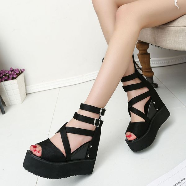 

2020 summer thick bottom sandals muffin bottom wedge fish mouth shoes waterproof platform 11cm high heel roman shoes, Black